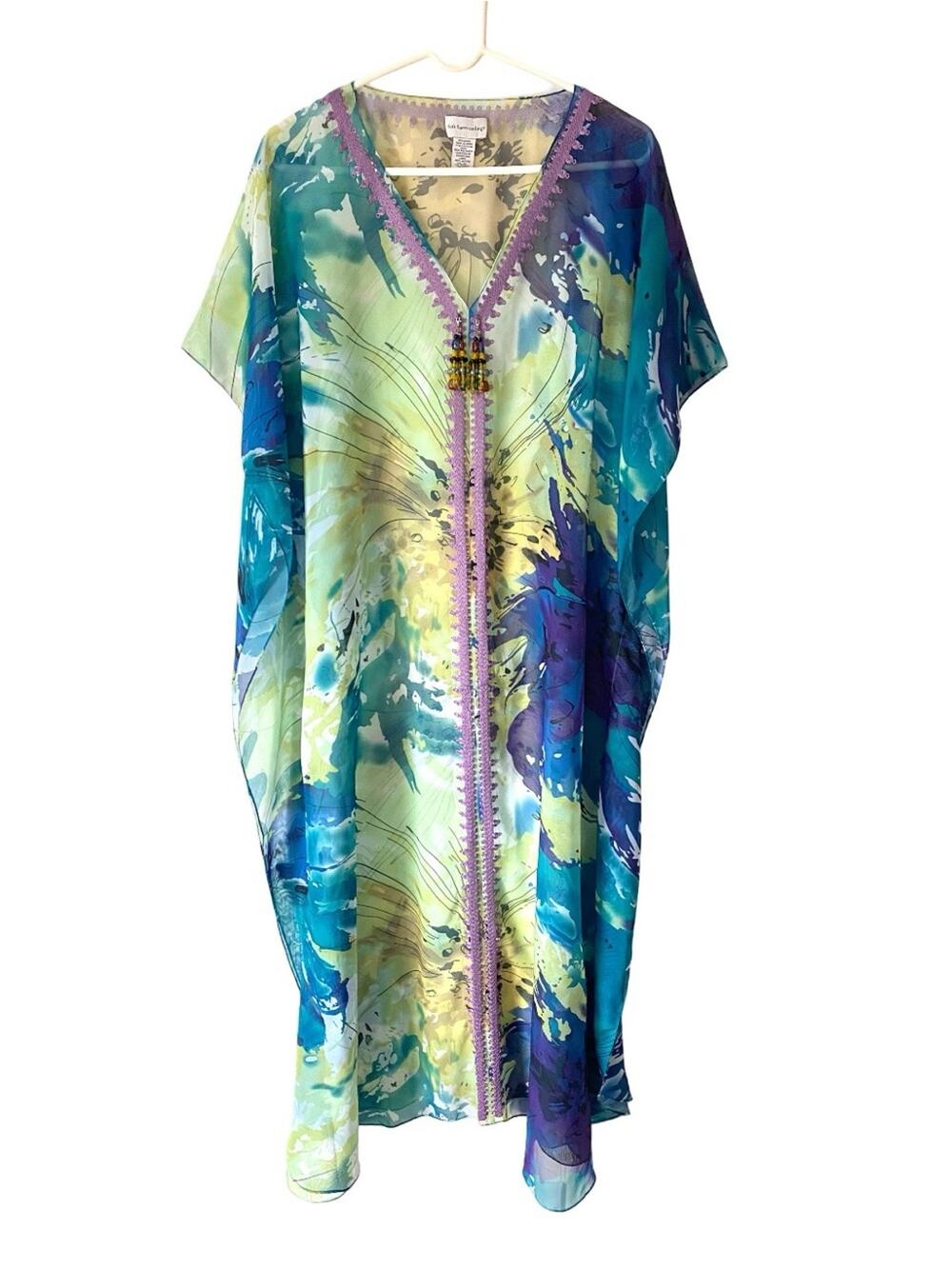 Soft Surroundings 
Sheer Luxury Blue-Green Watercolor Kaftan Swim Cover-Up PL